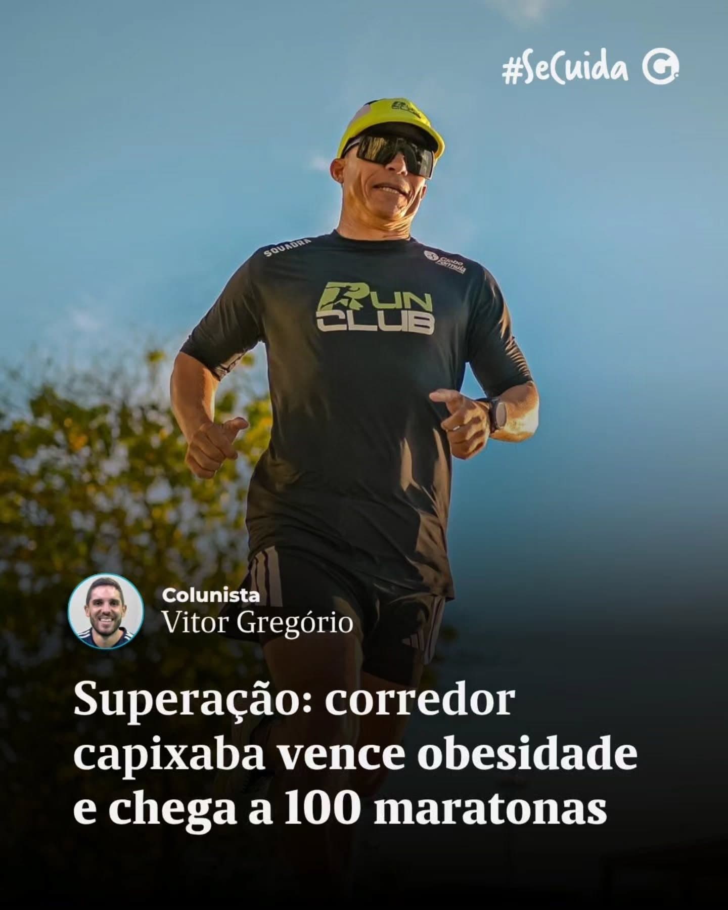 Edinho correndo, matéria da imprensa sobre vencer a obesidade e chegar a 100 maratonas